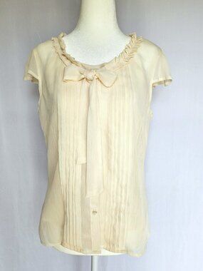 Van Heusen Cream Sheer Blouse + Cami Set | Tie Neck Ruffle Pleated Top | S